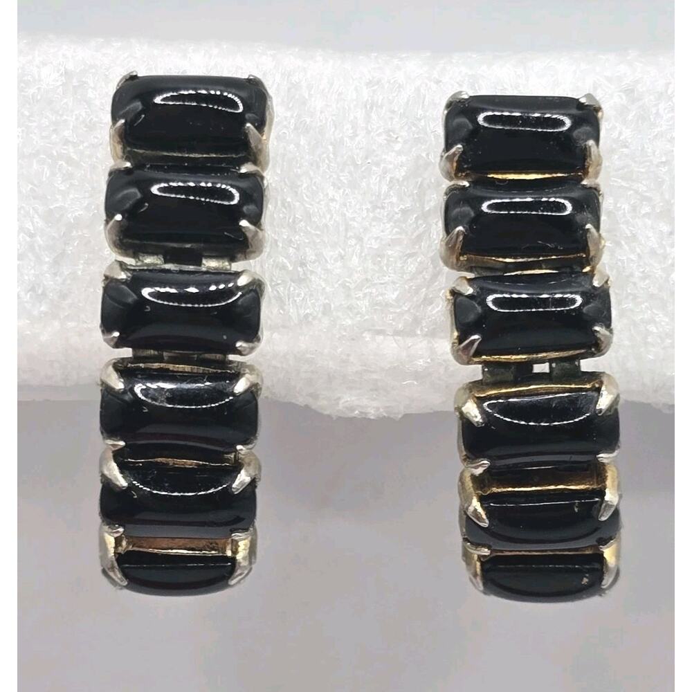 Earrings Vintage Black Glass Curved Crescent 50s 70s Paddle Back Hinge Rare Read